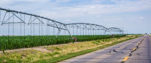 Irrigation equipment in green field with blue sky and open road