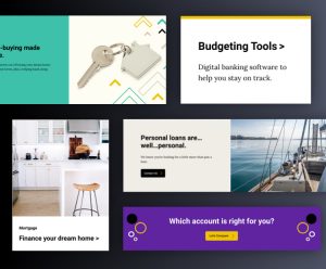 Floating screenshots of website modules.