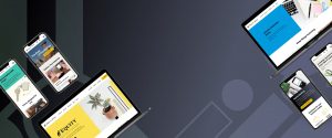 Floating devices on a pattern background promting the new website.