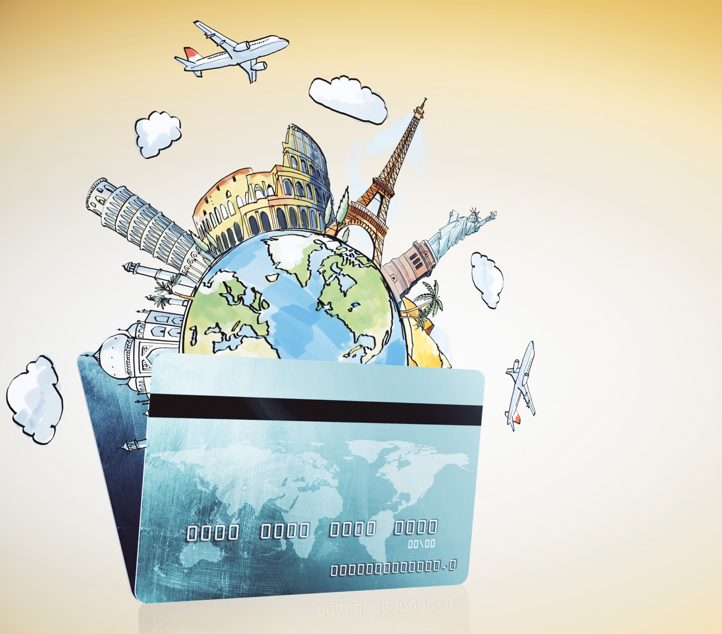 A debit card with illustrations coming out of it.