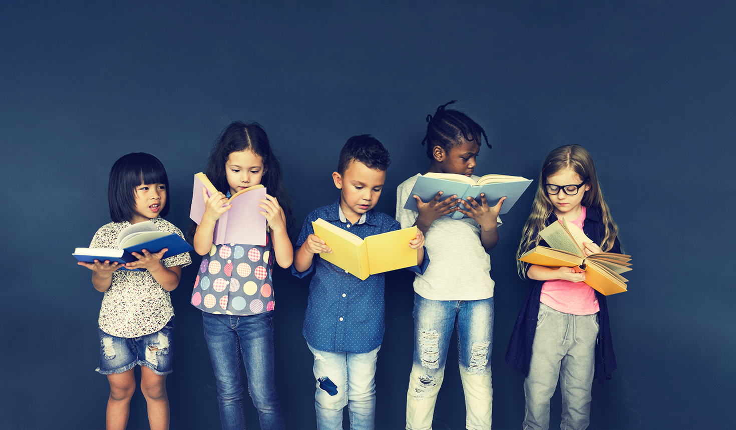 Kids Reading Books in a Line