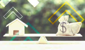Photo of Home and Bag of Money on a Balancing Scale to Compare the Two of them.