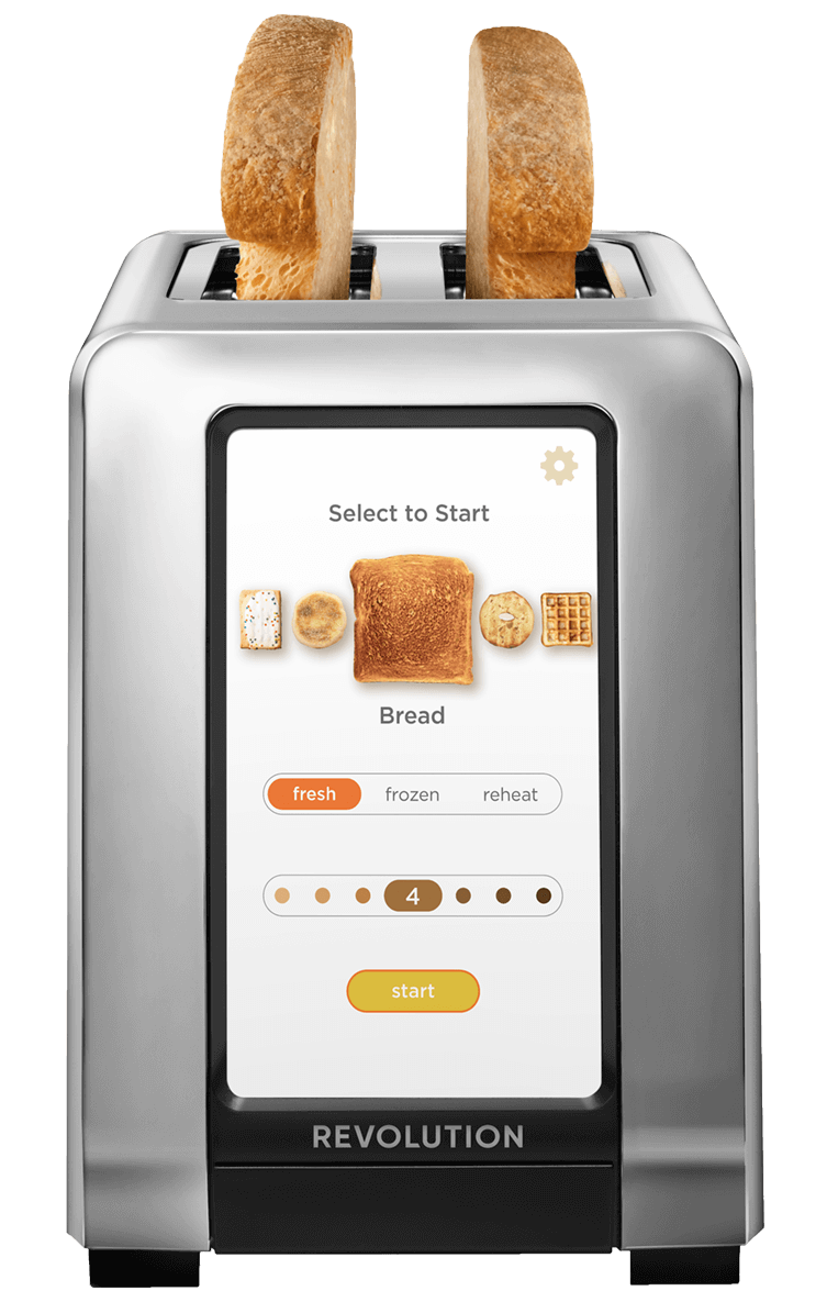 Revolution smart toaster with two pieces of toast sticking out the top.