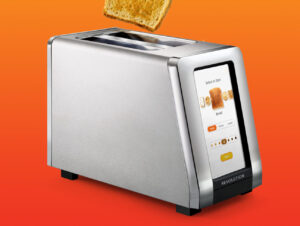 Revolution Toaster, showing touch screen controls, with bread popping out of the top.