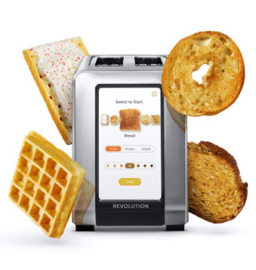 Smart toaster showing various bread products it can toast.