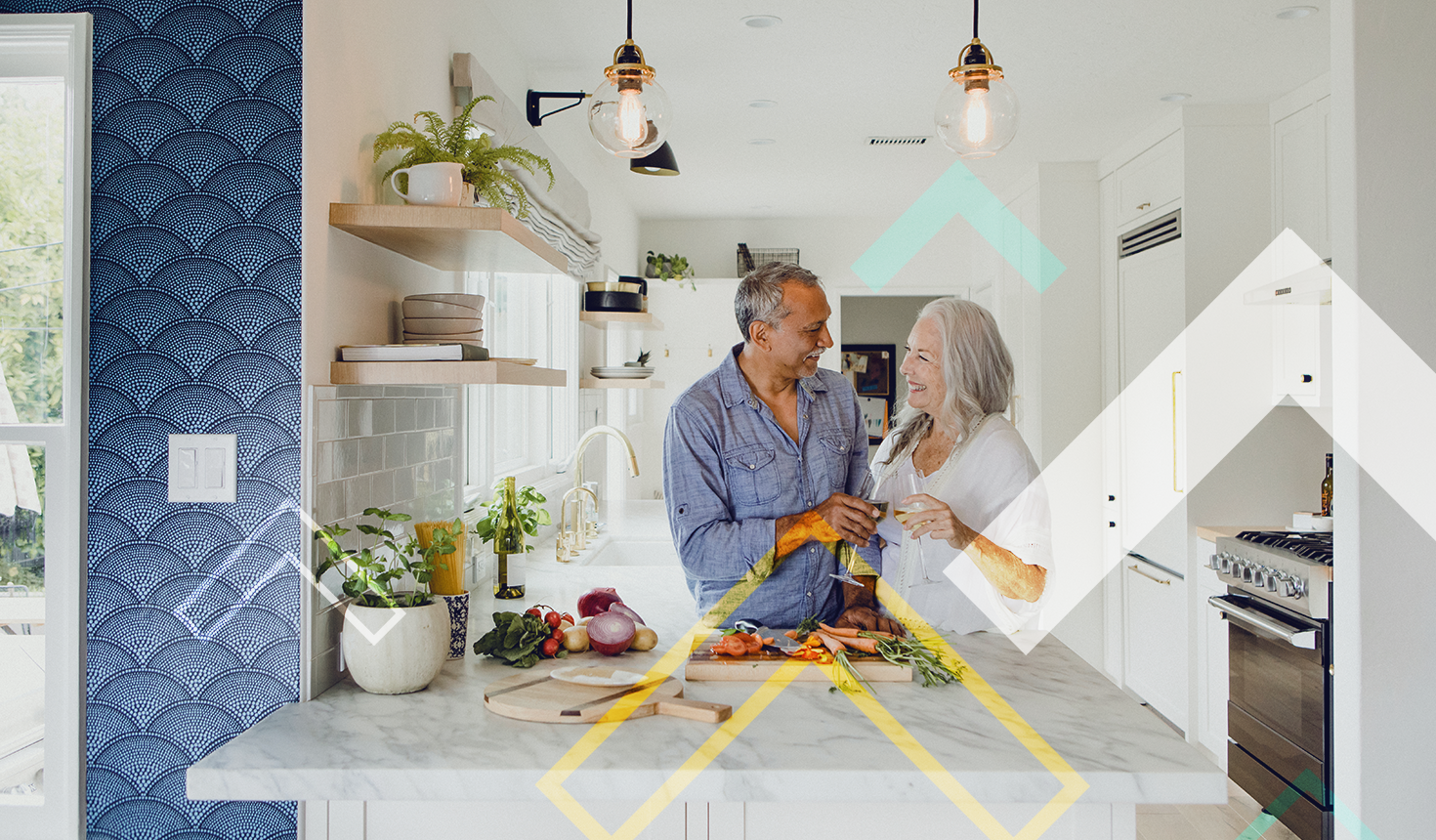 Elderly couple having wine and smiling together