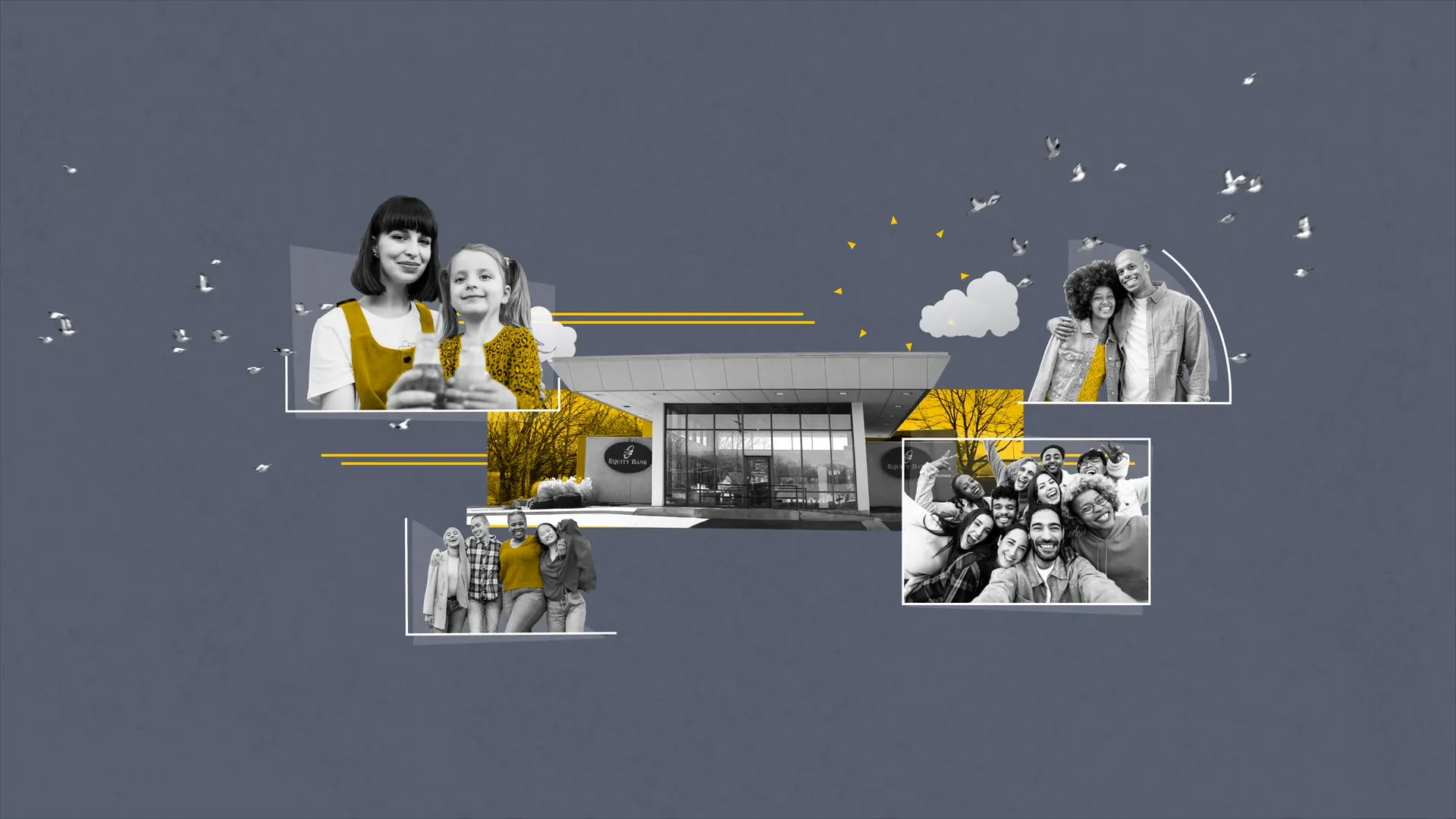Snapshots of families and community members are superimposed over a photo of a local Equity Bank branch with a gray background.