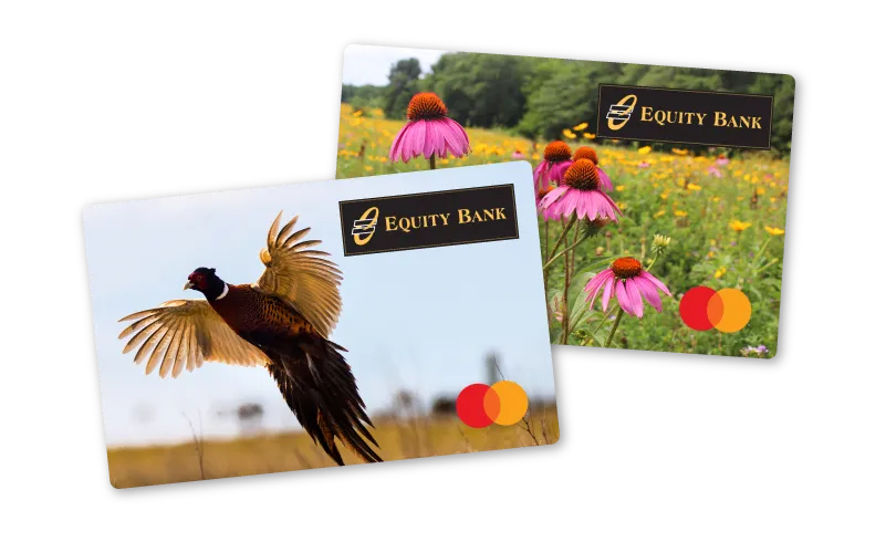 Two Equity Bank debit cards, one with a photo of a pheasant and the other with a photo of wildflowers.