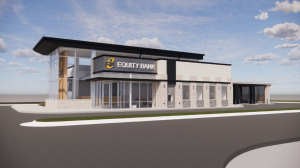 Exterior of a modern Equity Bank branch with a glass entrance and beige-gray masonry accents.