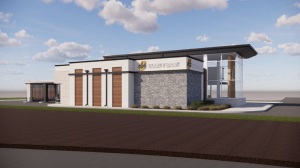 Rendering of a modern Equity Bank branch with a stone wall, wood accents, and a large glass entry at the front.