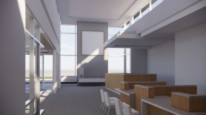 Empty modern lecture hall with tiered wooden desks, white chairs, and large windows letting in daylight.